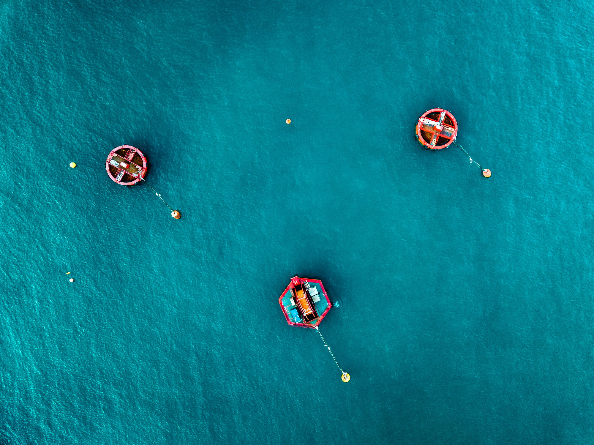 Aerial view of Blue Sea surface with buoys