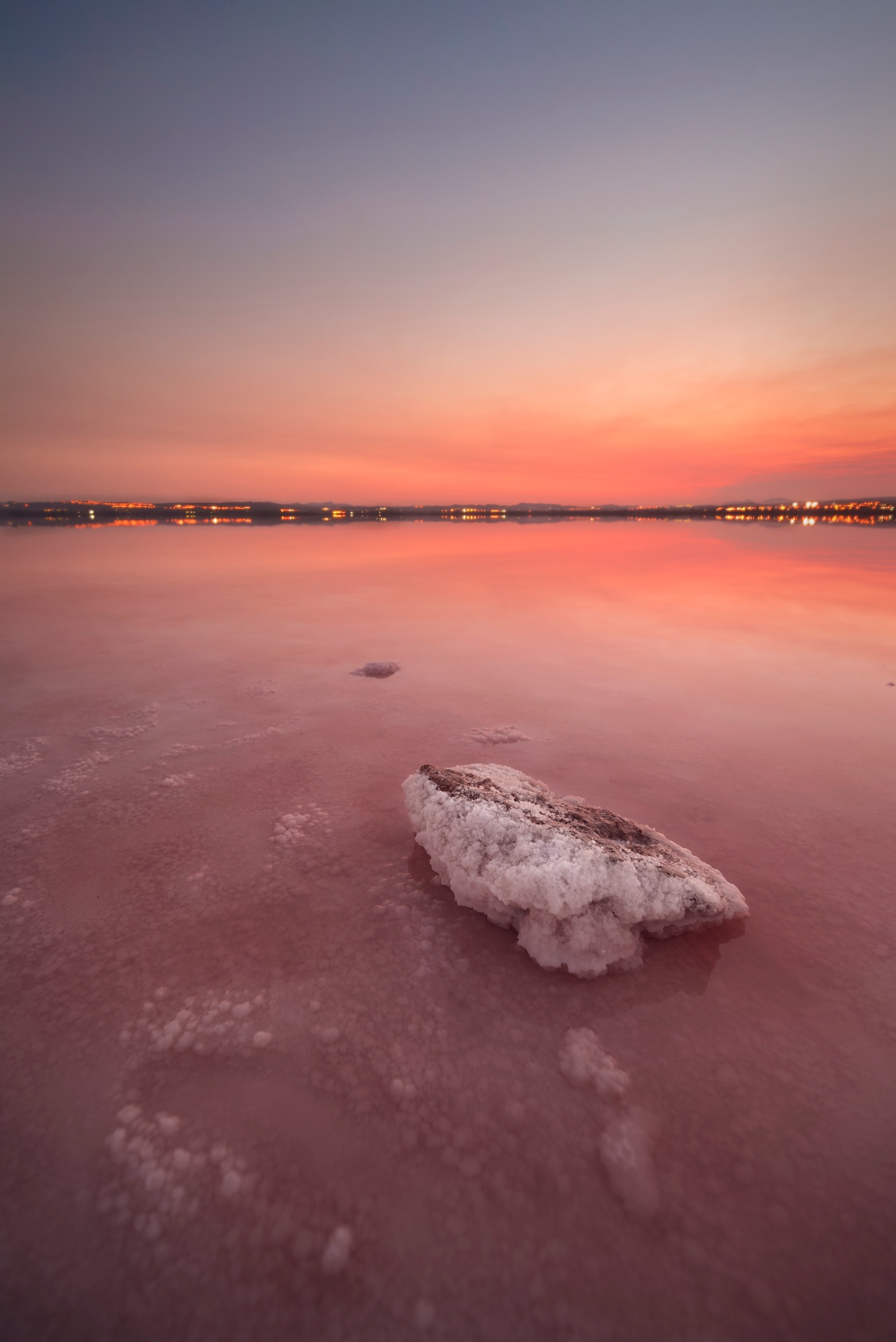 Spain, Alicante, Salinas de Torrevieja, Sunset over pink lake